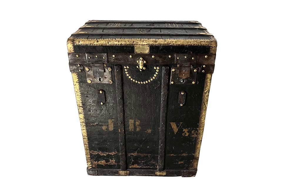 Studded Black Travelling Trunk By Parvy-Vernon - Decorative Antiques - French Antique Furniture - French Antiques - Antique Luggage - Antique Trunk - AD & PS Antiques