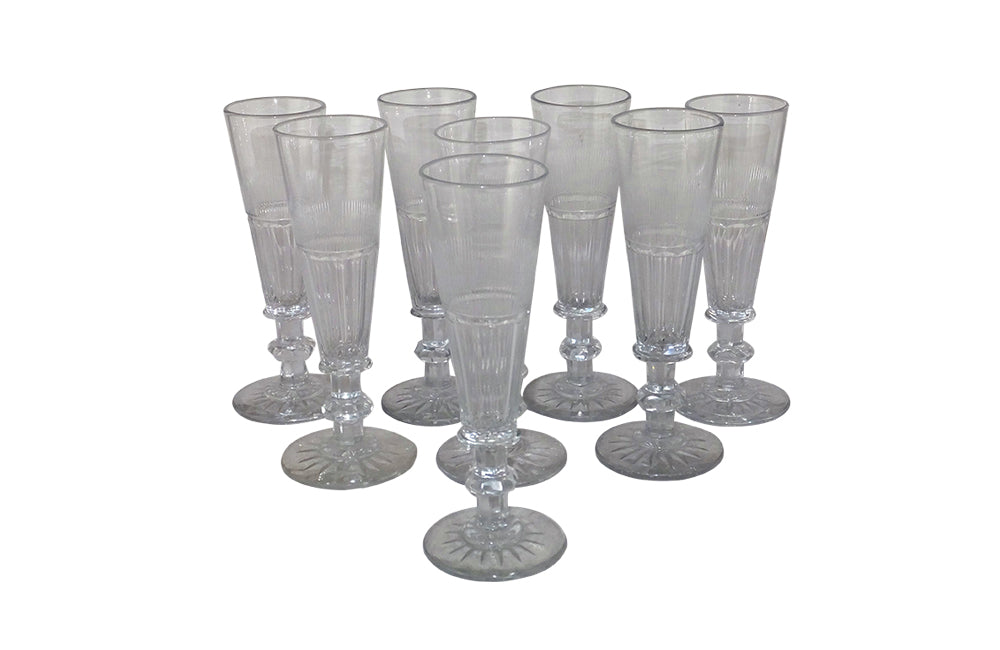 Set of Eight Antiques Crystal Champagne Flutes-French Antiques-Antiques Glassware-Champagne Flutes-French Champagne Glasses-AD & PS Antiques