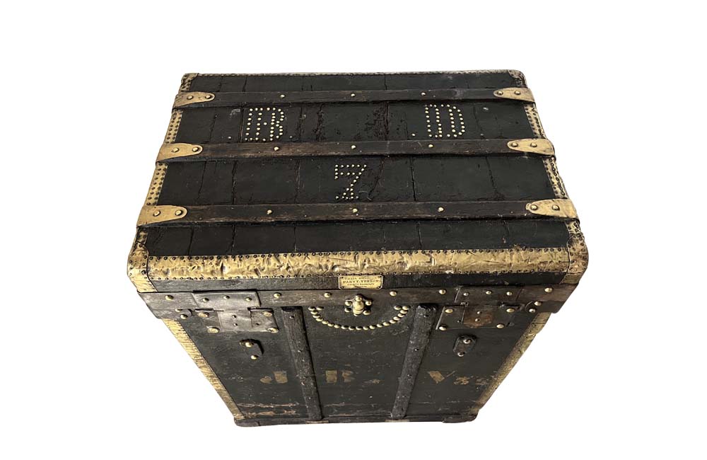 Studded Black Travelling Trunk By Parvy-Vernon - Decorative Antiques - French Antique Furniture - French Antiques - Antique Luggage - Antique Trunk - AD & PS Antiques