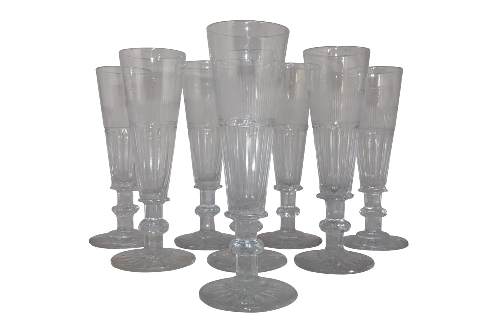 Set of Eight Antiques Crystal Champagne Flutes-French Antiques-Antiques Glassware-Champagne Flutes-French Champagne Glasses-AD & PS Antiques