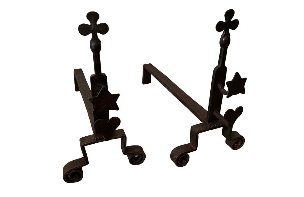 Pair Of Iron Andirons With Hearts Stars & Trefoils - French Antique Accessories - French Decorative Antiques - Fireplace Antiques - Andirons - Firedogs - Fireplace Accessories - Folk Art - Art Populaire - Antique Shops tetbury - adpsantiques - AD & PS Antiques