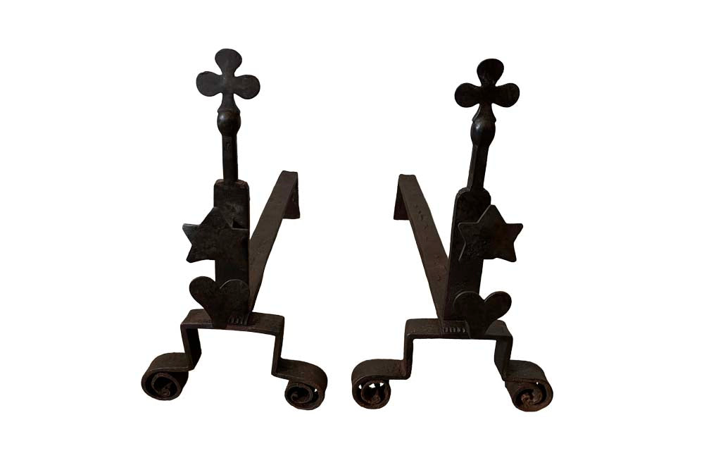 Pair Of Iron Andirons With Hearts Stars & Trefoils - French Antique Accessories - French Decorative Antiques - Fireplace Antiques - Andirons - Firedogs - Fireplace Accessories - Folk Art - Art Populaire - Antique Shops tetbury - adpsantiques - AD & PS Antiques
