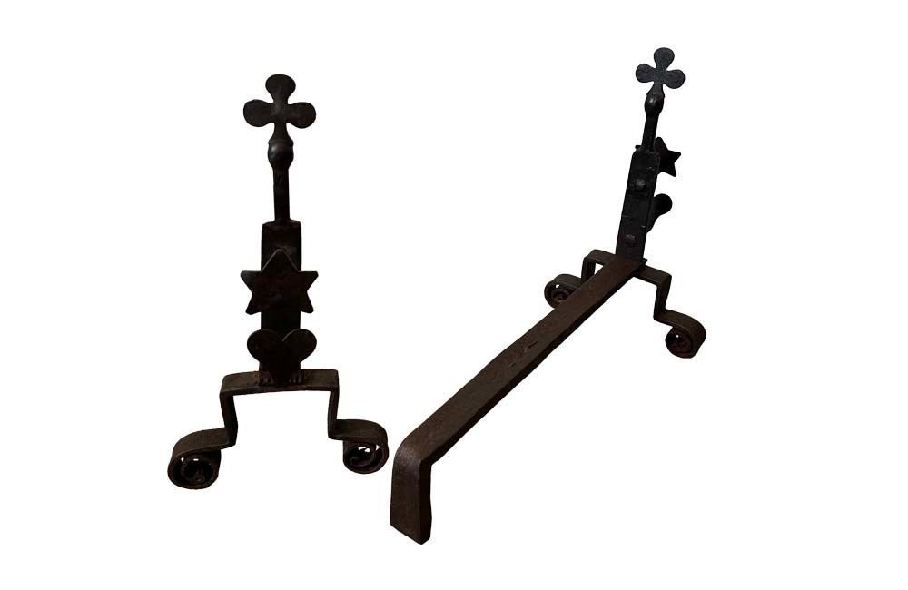 Pair Of Iron Andirons With Hearts Stars & Trefoils - French Antique Accessories - French Decorative Antiques - Fireplace Antiques - Andirons - Firedogs - Fireplace Accessories - Folk Art - Art Populaire - Antique Shops tetbury - adpsantiques - AD & PS Antiques