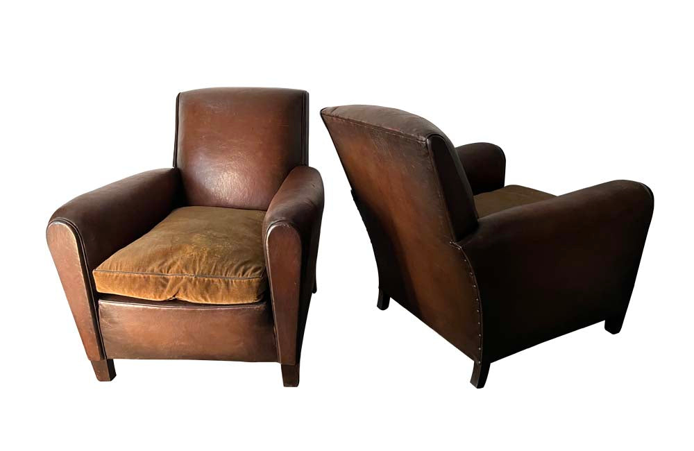 Pair Of 1950s Leather Club Chairs - French Mid Century Furniture - Leather Club Chairs - Leather Armchairs - Club Chairs - AD & PS Antiques
