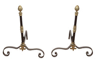 PAIR OF STYLISED NEO-CLASSICAL STYLE IRON & BRASS ANDIRONS