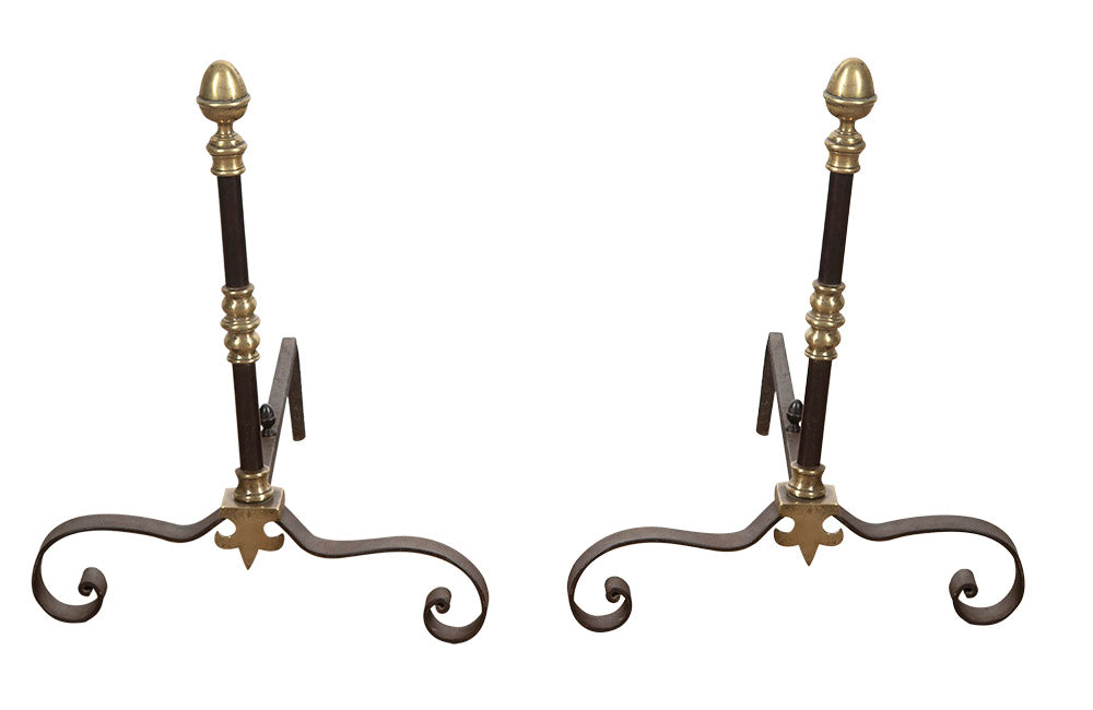 PAIR OF STYLISED NEO-CLASSICAL STYLE IRON & BRASS ANDIRONS