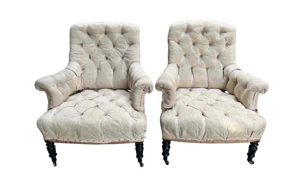 Pair Of French Napoleon III Buttoned Armchairs - Antique Chairs - Antique Armchairs - French Antique Furniture - French Antique Chairs - AD & PS Antiques