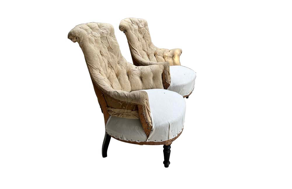 Pair Of French Napoleon III Tufted Armchairs - French Antique Furniture - Antique chairs - Antique Armchairs - French Antique Chairs - Scroll Back Armchairs - Antique French Armchairs -  - AD & PS Antiques