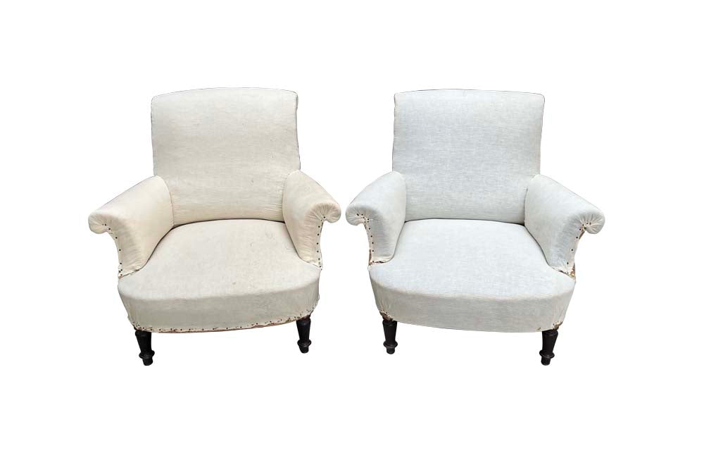 Pair of French, 19th century, country house armchairs with scrolled backs and ebonised turned legs - French Antique Furniture - Antique chairs - Antique armchairs - French Antique Chairs - Antique French Armchairs - AD & PS Antiques