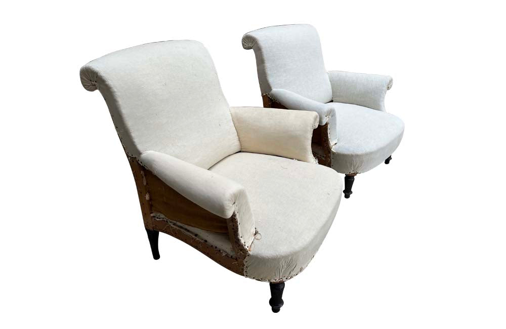 Pair of French, 19th century, country house armchairs with scrolled backs and ebonised turned legs - French Antique Furniture - Antique chairs - Antique armchairs - French Antique Chairs - Antique French Armchairs - AD & PS Antiques