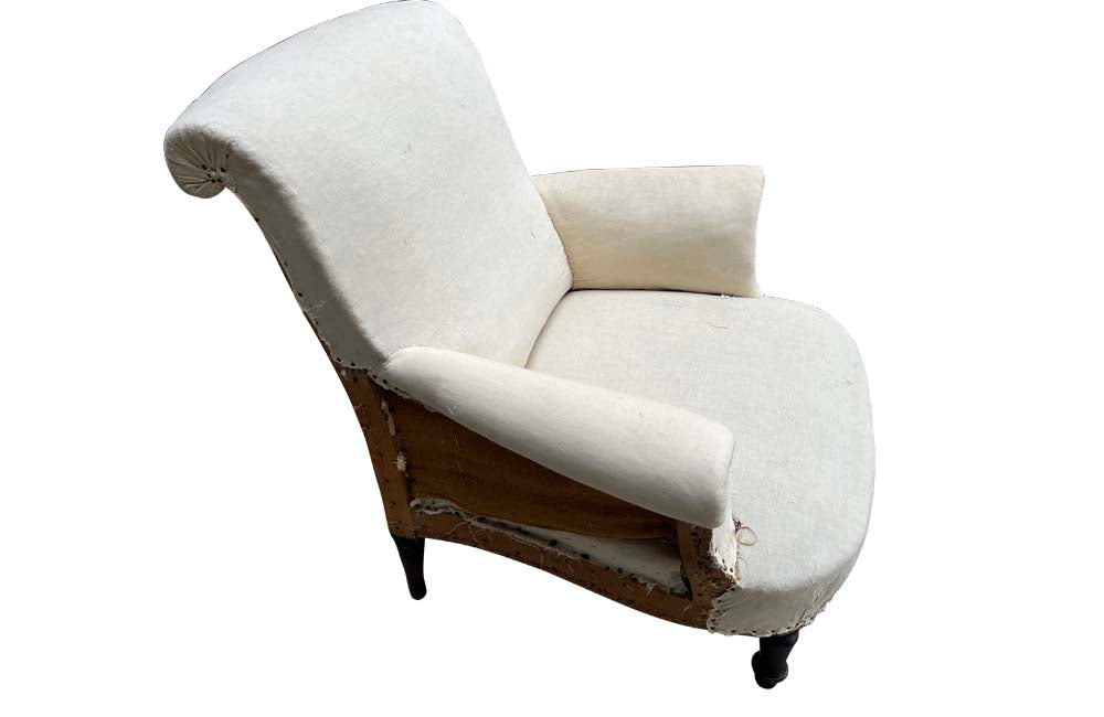 Pair of French, 19th century, country house armchairs with scrolled backs and ebonised turned legs - French Antique Furniture - Antique chairs - Antique armchairs - French Antique Chairs - Antique French Armchairs - AD & PS Antiques
