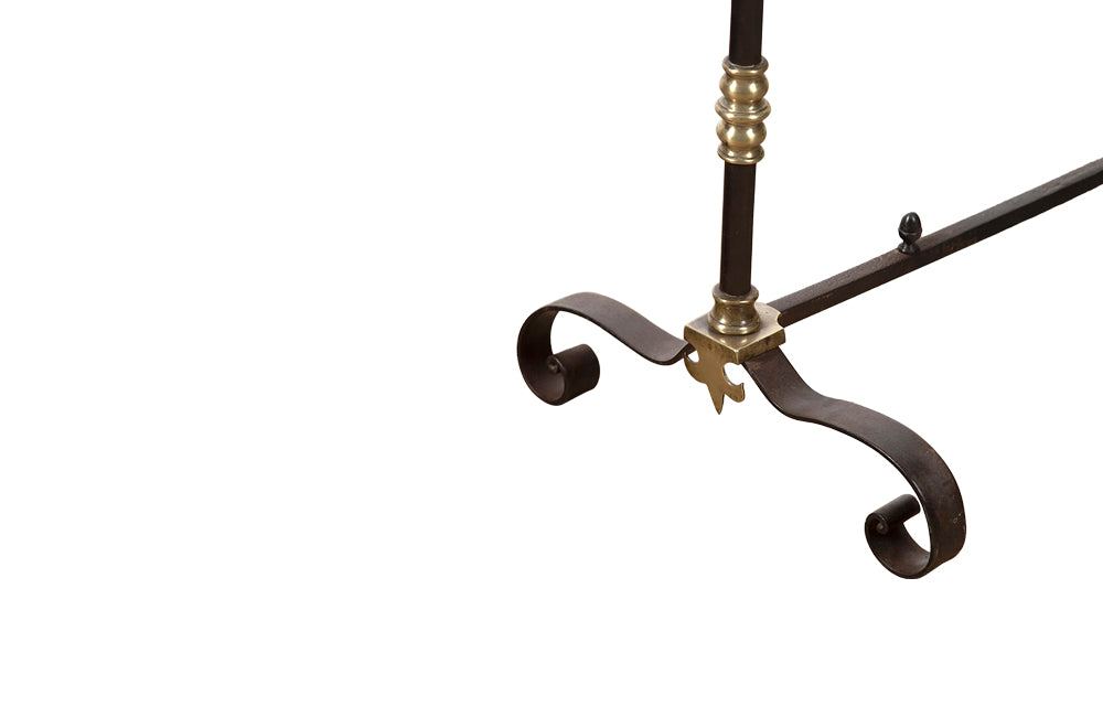 PAIR OF STYLISED NEO-CLASSICAL STYLE IRON & BRASS ANDIRONS