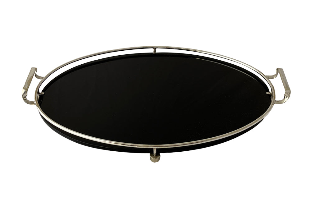 1930s silverplate & glass oval tray - vintage cocktail tray - AD & PS Antiques