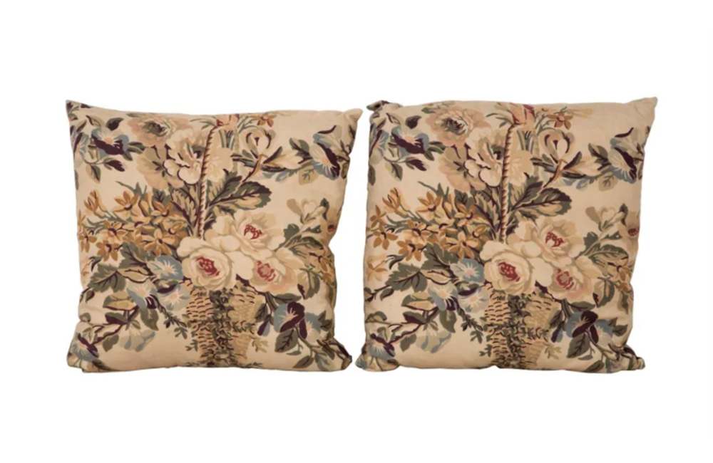 TWO PAIRS OF FLOWER BASKET CUSHIONS
