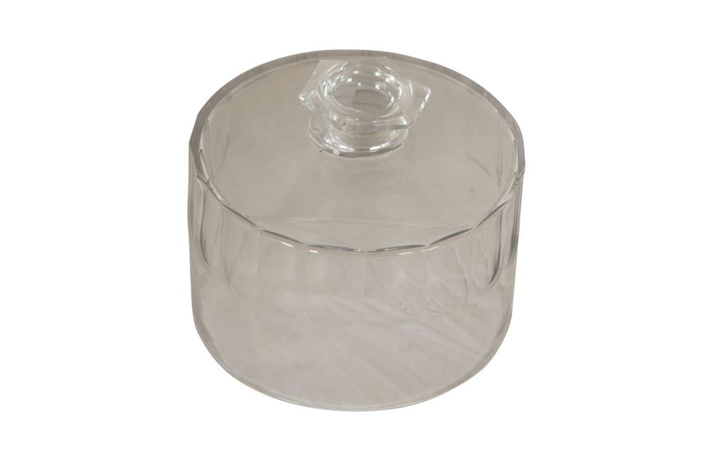 Early 20th Century glass cheese bell.  This clear glass bell is spacious enough to protect any cheese, a small cake or other treat.   Featuring a very decorative cut glass handle on the top and attractive grooved decoration all around.   A must-have piece for stylish entertaining.