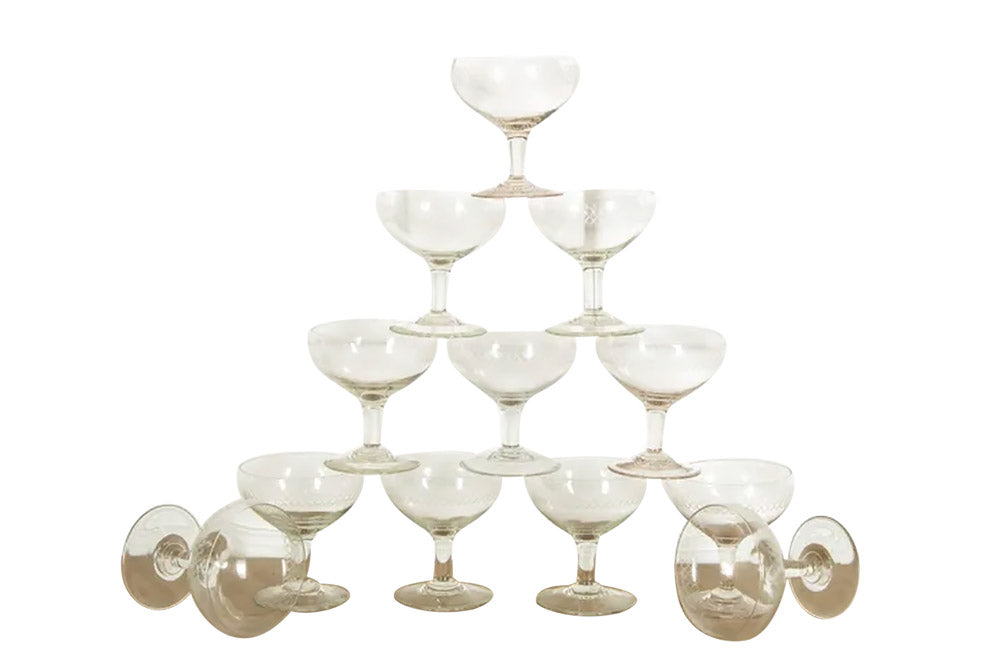 TWELVE ETCHED CHAMPAGNE COUPES