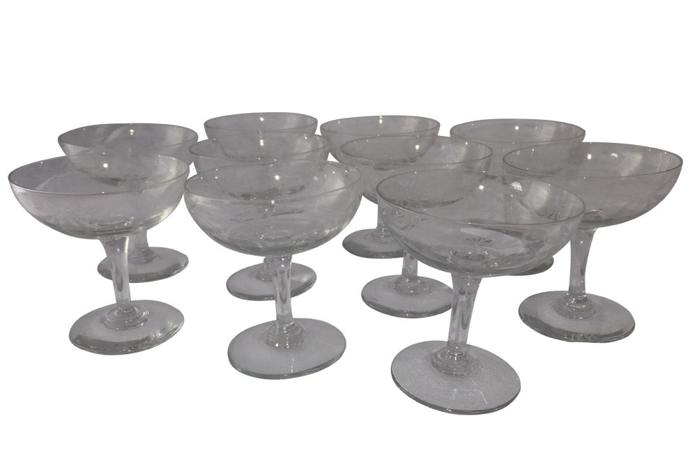 TEN BEAUTIFUL ETCHED CHAMPAGNE COUPES