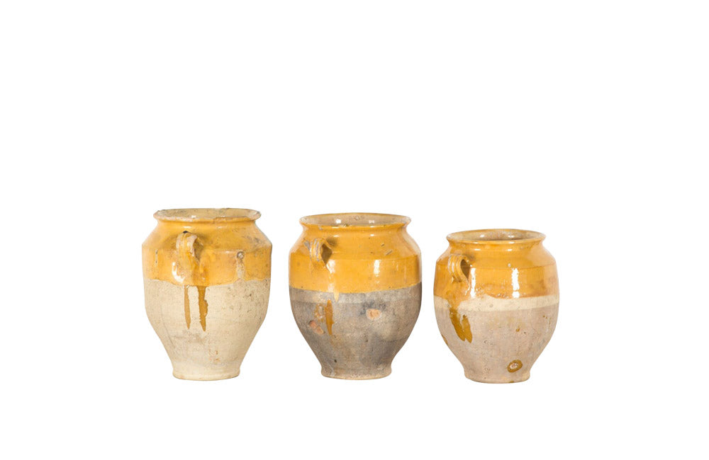 SET OF THREE YELLOW GLAZED CONFIT POTS
