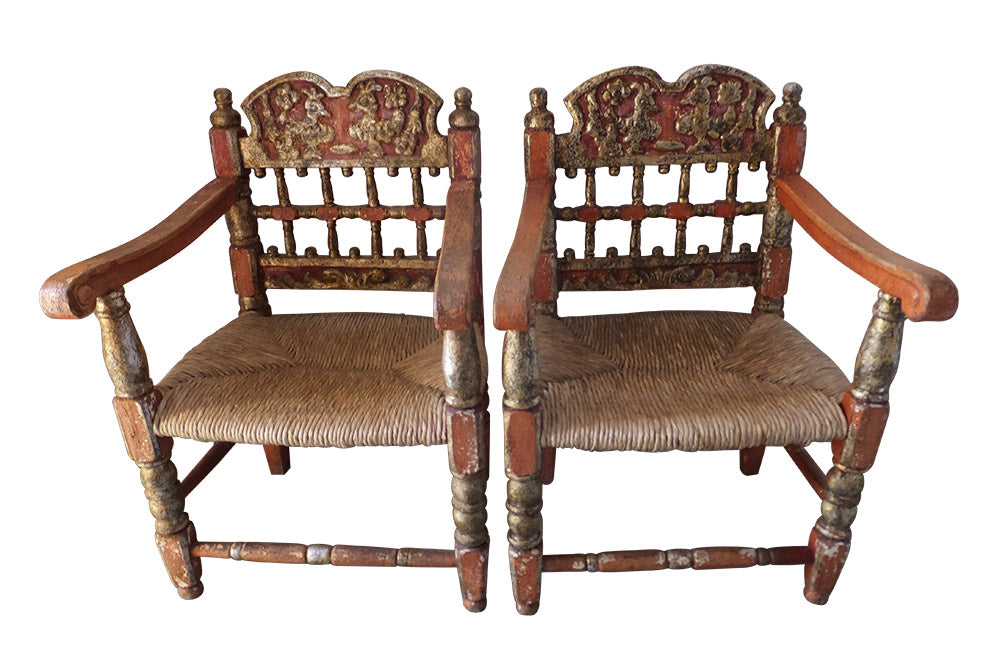 PAIR OF POLYCHROME SPANISH ARMCHAIRS