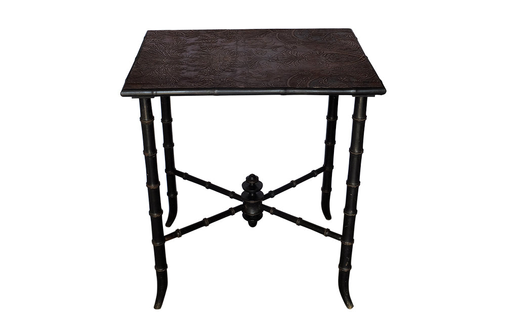 FAUX BAMBOO SIDE TABLE WITH LEATHERED TOP