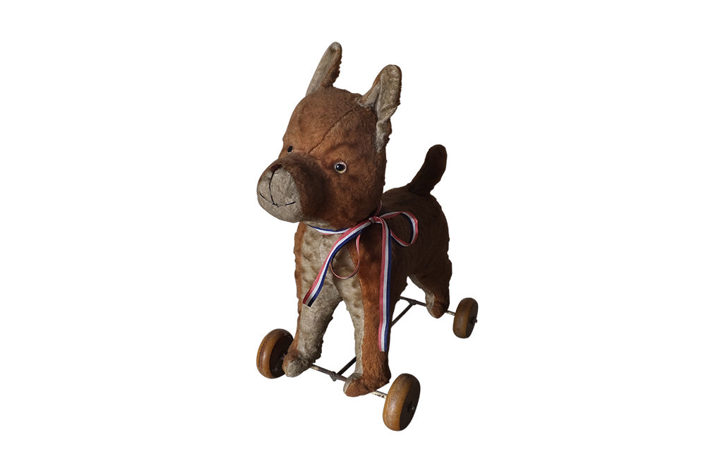 FRENCH ANTIQUE TOY DOG ON WHEELS