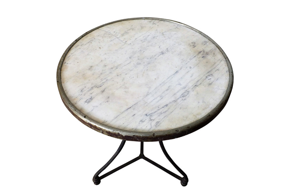 Antique French bistro gueridon table with circular metal-bound marble top - Antique Side Table