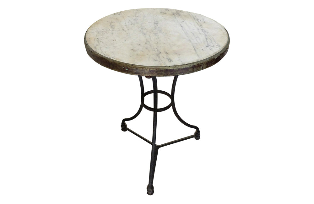 Antique French bistro gueridon table with circular metal-bound marble top - Antique Side Table