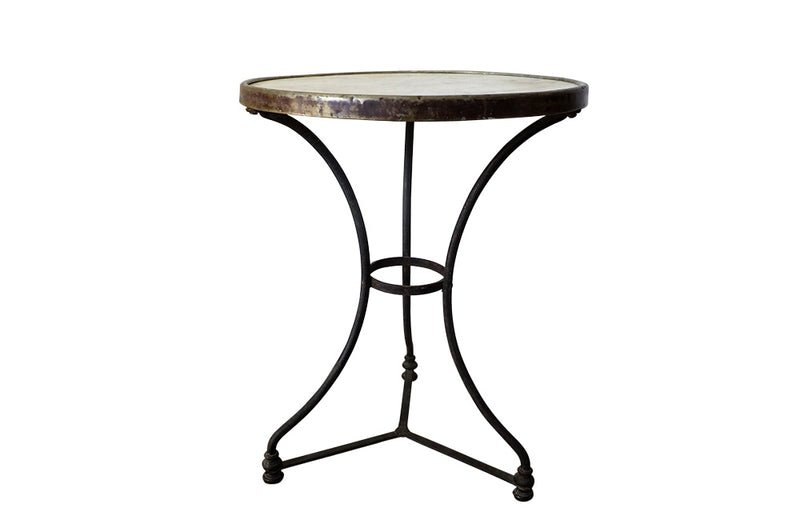 Antique French bistro gueridon table with circular metal-bound marble top - Antique Side Table