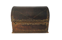 Charming French lidded file box in lovely old worn leather with Neo-Classical embossed motifs, including swans and urns . The base bears the original retail label of Au Bon Marche.