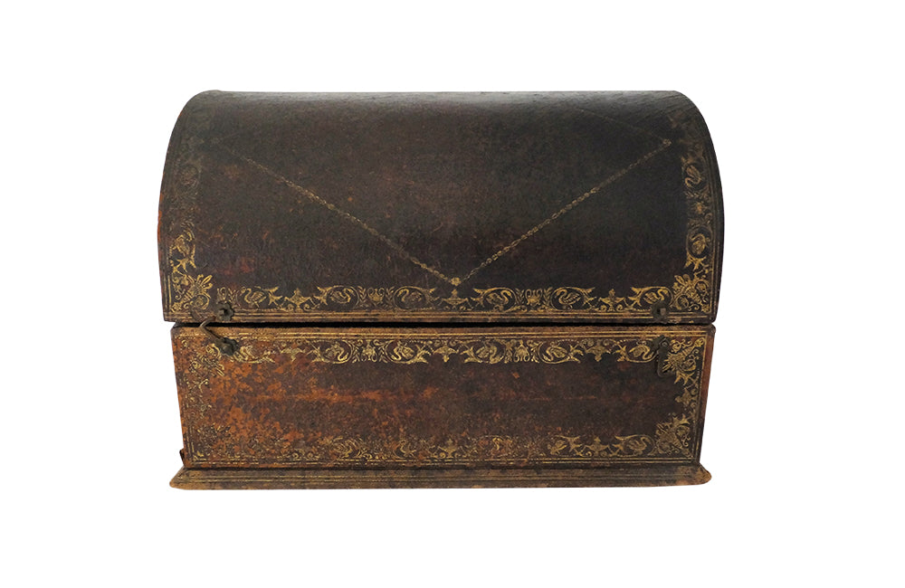 Charming French lidded file box in lovely old worn leather with Neo-Classical embossed motifs, including swans and urns . The base bears the original retail label of Au Bon Marche.