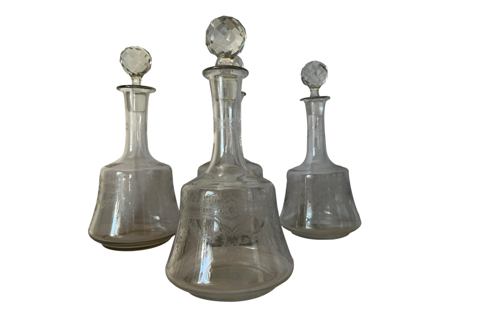 Set Of Four Pretty French Etched Carafes - French Decorative Antiques - Fine Dining Accessories - French Antique Accessoriws - Antique Carafes - Antique Glassware - Antique Shops Tetbury - AD & PS Antiques