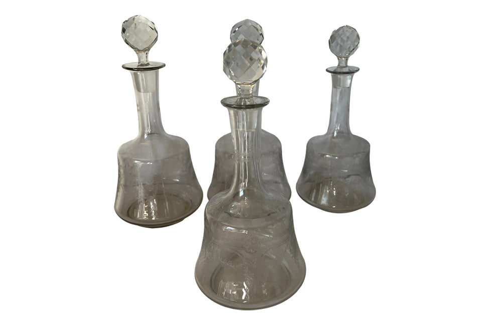 Set Of Four Pretty French Etched Carafes - French Decorative Antiques - Fine Dining Accessories - French Antique Accessoriws - Antique Carafes - Antique Glassware - Antique Shops Tetbury - AD & PS Antiques