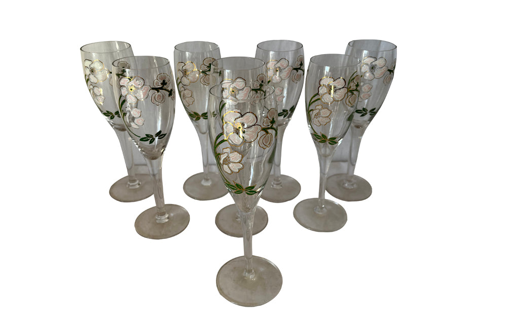 Set Of Eight Perrier Jouet Champagne Flutes  - Vintage Champagne Glasses - Vintage Champagne Flutes - AD & PS Antiques