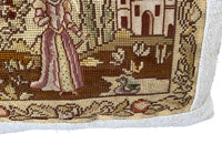 Charming cushion made with a 19th Century tapestry depicting a lady in the garden of a chateau with a duck.  It is feather filled and backed with lovely antique hemp fabric