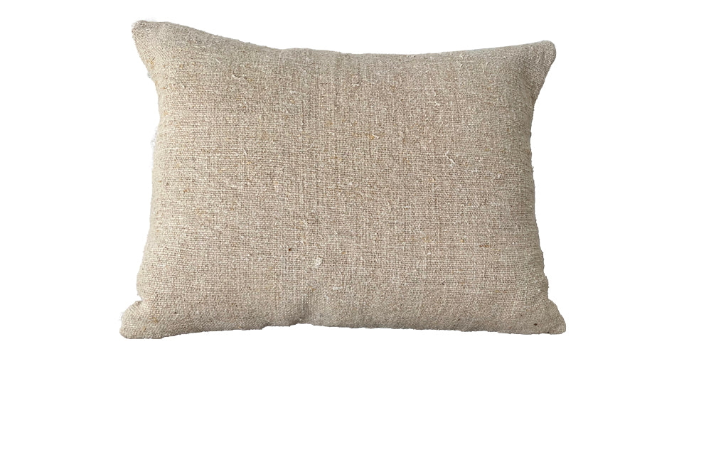 Charming cushion made with a 19th Century tapestry depicting a lady in the garden of a chateau with a duck.  It is feather filled and backed with lovely antique hemp fabric