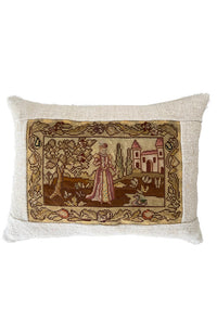 Charming cushion made with a 19th Century tapestry depicting a lady in the garden of a chateau with a duck.  It is feather filled and backed with lovely antique hemp fabric