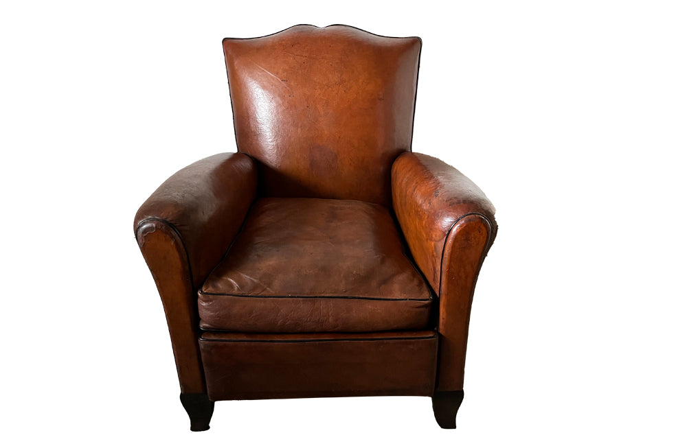Moustache Back Leather Club Chair - French Mid Century Furniture - Art Deco Armchair - Leather Club Chair - Antique Leather Armchair - French Antique Furniture - Leather Armchair - Antique Armchair - AD & PS Antiques