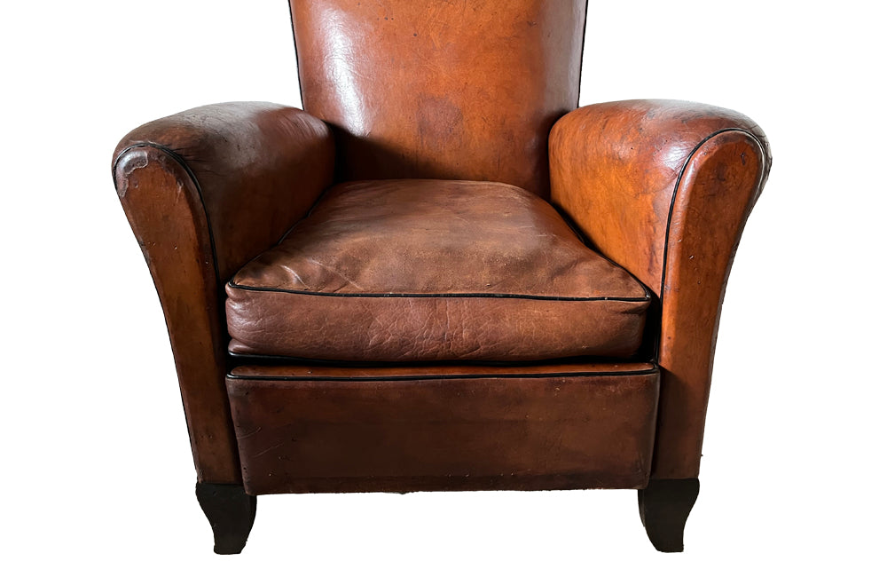 Moustache Back Leather Club Chair - French Mid Century Furniture - Art Deco Armchair - Leather Club Chair - Antique Leather Armchair - French Antique Furniture - Leather Armchair - Antique Armchair - AD & PS Antiques