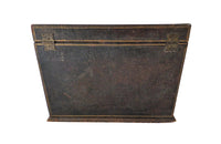 Charming French lidded file box in lovely old worn leather with Neo-Classical embossed motifs, including swans and urns . The base bears the original retail label of Au Bon Marche.