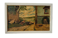 Signed Farmyard Scene Painting - French Decorative Antiques - Animal Art - Dog Painting - Naive Art - Paintings - Oil On Canvas - Signed Art - Wall Decoration - Antique Shops Tetbury - AD & PS Antiques -