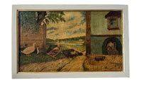 Signed Farmyard Scene Painting - French Decorative Antiques - Animal Art - Dog Painting - Naive Art - Paintings - Oil On Canvas - Signed Art - Wall Decoration - Antique Shops Tetbury - AD & PS Antiques -