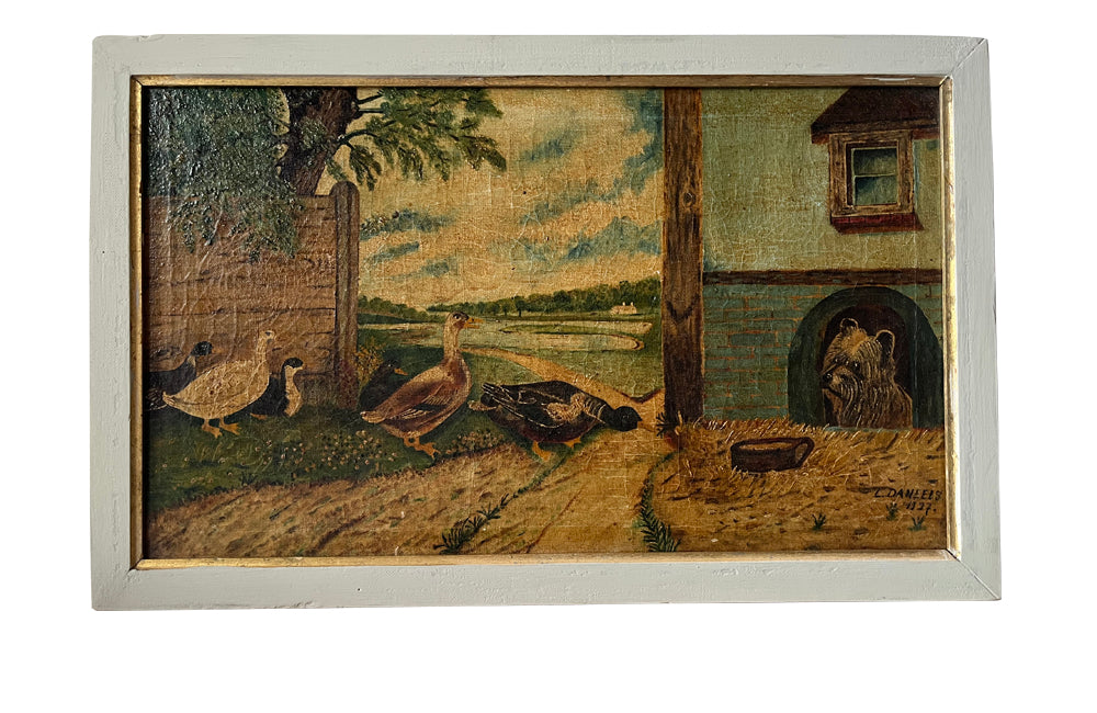 Signed Farmyard Scene Painting - French Decorative Antiques - Animal Art - Dog Painting - Naive Art - Paintings - Oil On Canvas - Signed Art - Wall Decoration - Antique Shops Tetbury - AD & PS Antiques -