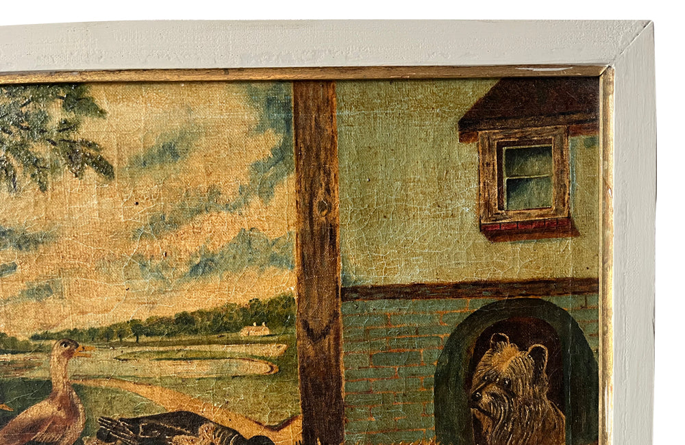 Signed Farmyard Scene Painting - French Decorative Antiques - Animal Art - Dog Painting - Naive Art - Paintings - Oil On Canvas - Signed Art - Wall Decoration - Antique Shops Tetbury - AD & PS Antiques -