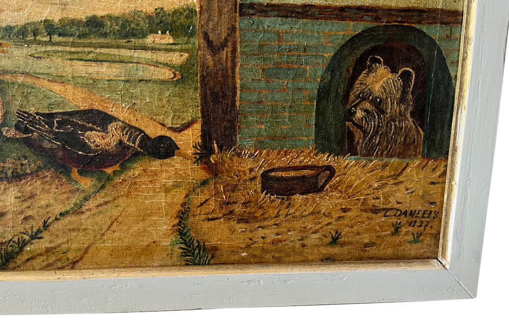Signed Farmyard Scene Painting - French Decorative Antiques - Animal Art - Dog Painting - Naive Art - Paintings - Oil On Canvas - Signed Art - Wall Decoration - Antique Shops Tetbury - AD & PS Antiques -
