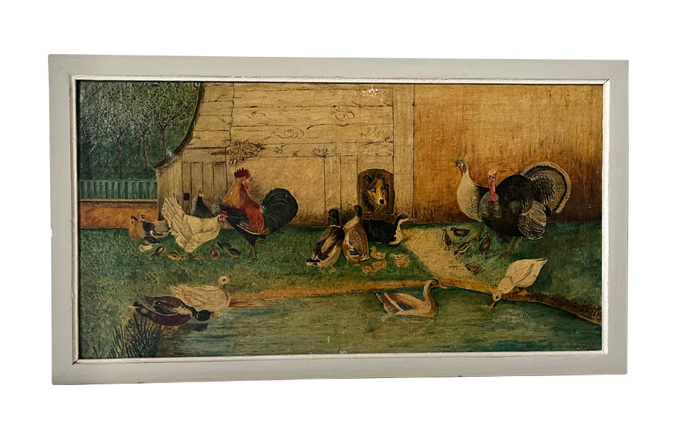 Pair of Signed Farmyard Scene Paintings - French Decorative Antiques - Animal Art - Dog Painting - Naive Art - Paintings - Oil On Canvas - Signed Art - Wall Decoration - Antique Shops Tetbury - AD & PS Antiques -