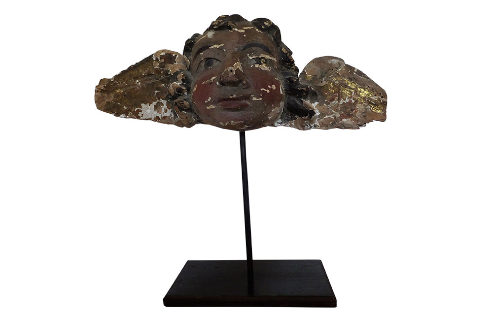 18TH CENTURY CARVED WINGED ANGEL HEAD