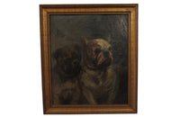 Signed Oil Painting Of A Pair Of French Pugg Dogs - Dog Painting - OIl on Canvas - Pet Portrait - Wall Art- French Antiques- Decorative Accessories - Painting- AD & PS Antiques