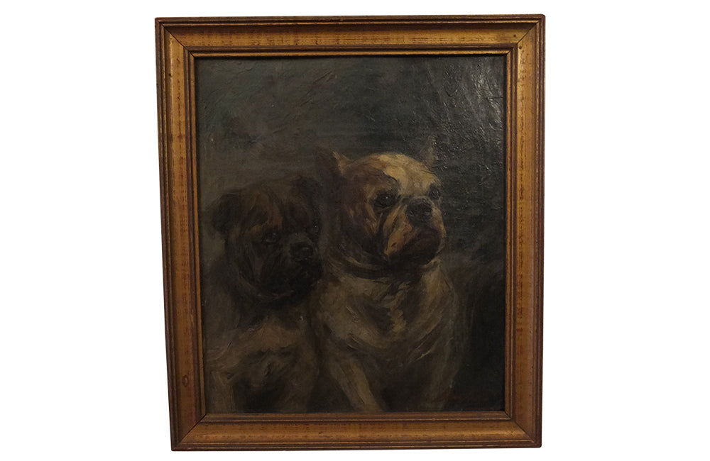 Signed Oil Painting Of A Pair Of French Pugg Dogs - Dog Painting - OIl on Canvas - Pet Portrait - Wall Art- French Antiques- Decorative Accessories - Painting- AD & PS Antiques