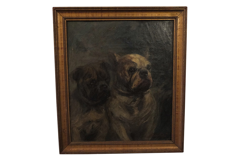 Signed Oil Painting Of A Pair Of French Pugg Dogs - Dog Painting - OIl on Canvas - Pet Portrait - Wall Art- French Antiques- Decorative Accessories - Painting- AD & PS Antiques