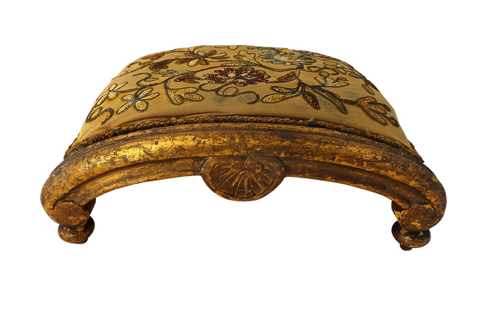 French Antique Embroidered Giltwood Footstool-Antique Footstool-Stools-French Antiques-Antique Textiles-Antique Embroidery-AD & PS Antiques